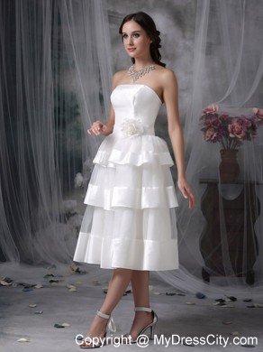 Beautiful Strapless Tea-length Hand Made Flower Wedding Dress