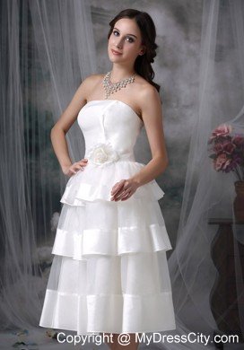 Beautiful Strapless Tea-length Hand Made Flower Wedding Dress