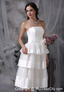 Beautiful Strapless Tea-length Hand Made Flower Wedding Dress