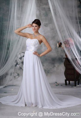 Modest Ruched Bust Court Train Strapless Chiffon Wedding Dress