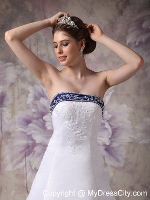 White and Blue A-line Chapel Train Embroidery Wedding Dress