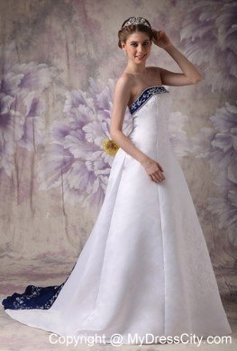 White and Blue A-line Chapel Train Embroidery Wedding Dress