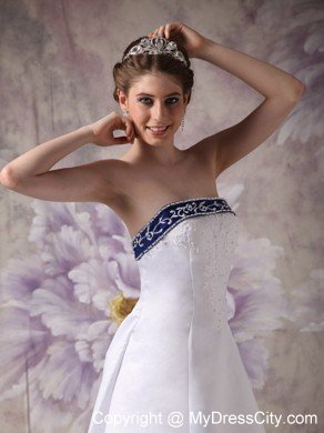 White and Blue A-line Chapel Train Embroidery Wedding Dress