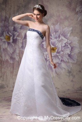 White and Blue A-line Chapel Train Embroidery Wedding Dress