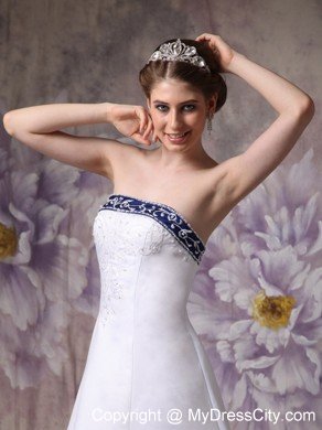 White and Blue A-line Chapel Train Embroidery Wedding Dress