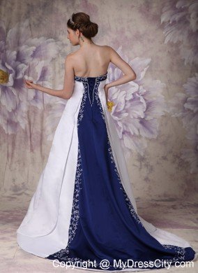 White and Blue A-line Chapel Train Embroidery Wedding Dress