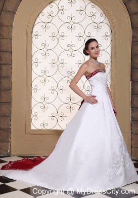 Embroidery in Satin Modest Chapel Train Church Wedding Dress