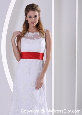 Column Bateau Lace Wedding Dress with Red Sash and V Back