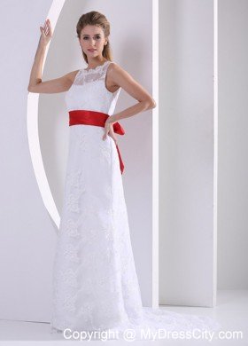 Column Bateau Lace Wedding Dress with Red Sash and V Back