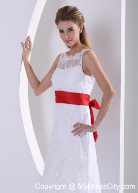 Column Bateau Lace Wedding Dress with Red Sash and V Back