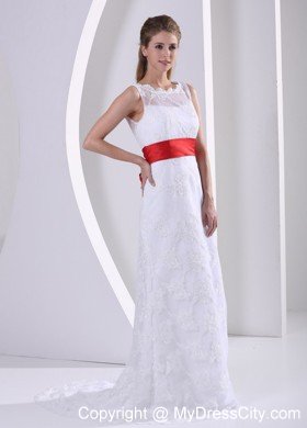 Column Bateau Lace Wedding Dress with Red Sash and V Back