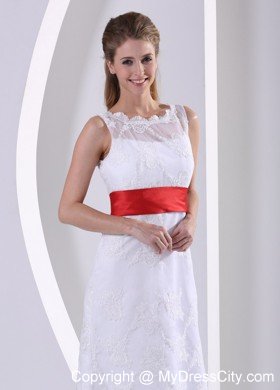 Column Bateau Lace Wedding Dress with Red Sash and V Back