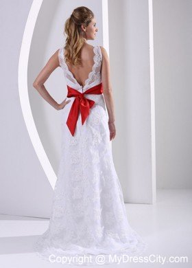 Column Bateau Lace Wedding Dress with Red Sash and V Back