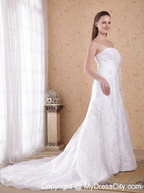 White Princess Strapless Court Train with Lace Wedding Dress