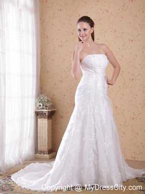 White Princess Strapless Court Train with Lace Wedding Dress