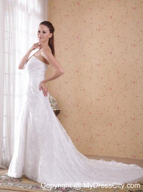 White Princess Strapless Court Train with Lace Wedding Dress