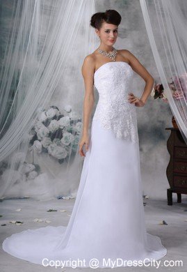 Lace Decorated Bodice Strapless Court Train Wedding Dress