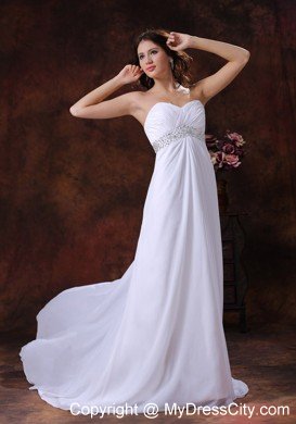 Beaded Waist White Sweetheart Brush Train Wedding Dress