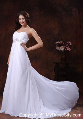 Beaded Waist White Sweetheart Brush Train Wedding Dress