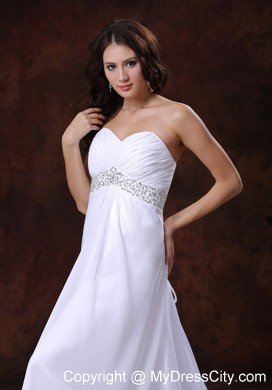 Beaded Waist White Sweetheart Brush Train Wedding Dress