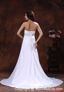 Beaded Waist White Sweetheart Brush Train Wedding Dress