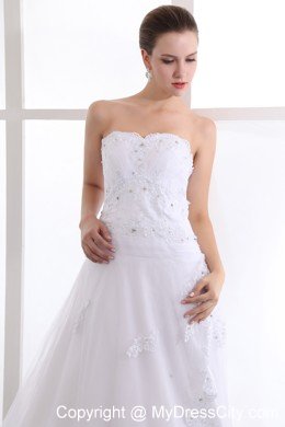 Classical A-line Strapless Brush Train Beaded Wedding Dress