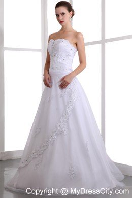 Classical A-line Strapless Brush Train Beaded Wedding Dress