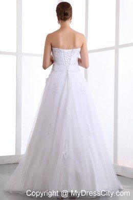 Classical A-line Strapless Brush Train Beaded Wedding Dress