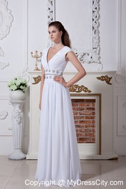 White Empire V-neck Beaded Waist Bridal Dress with Cap Sleeves