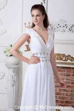 White Empire V-neck Beaded Waist Bridal Dress with Cap Sleeves