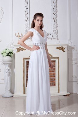 White Empire V-neck Beaded Waist Bridal Dress with Cap Sleeves