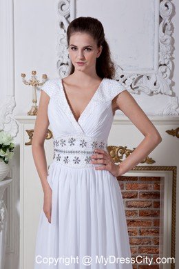 White Empire V-neck Beaded Waist Bridal Dress with Cap Sleeves