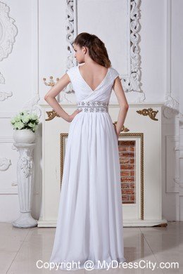 White Empire V-neck Beaded Waist Bridal Dress with Cap Sleeves