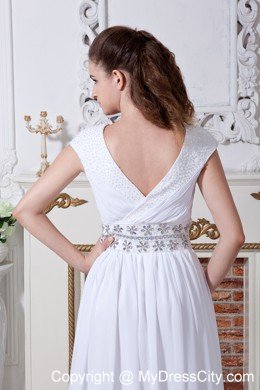 White Empire V-neck Beaded Waist Bridal Dress with Cap Sleeves