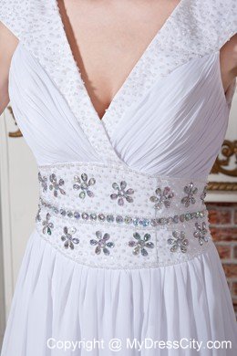 White Empire V-neck Beaded Waist Bridal Dress with Cap Sleeves