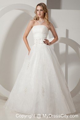 Pretty A-line Strapless Floor-length Embroidery Wedding Dress