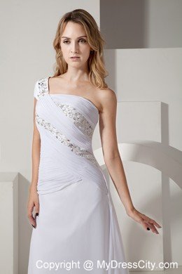 Long Column Single Short Sleeve Ruched and Beaded Bridal Gown