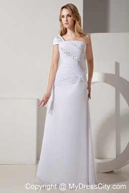 Long Column Single Short Sleeve Ruched and Beaded Bridal Gown