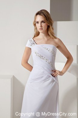 Long Column Single Short Sleeve Ruched and Beaded Bridal Gown