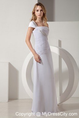 Long Column Single Short Sleeve Ruched and Beaded Bridal Gown