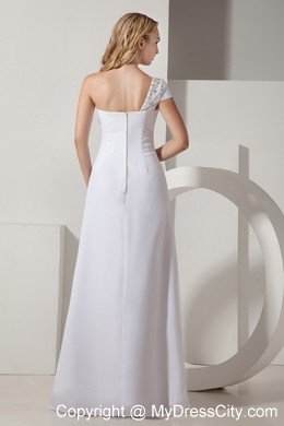 Long Column Single Short Sleeve Ruched and Beaded Bridal Gown