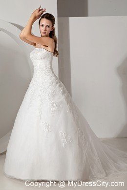 Lovely A-line Strapless Chapel Train Appliques Wedding Dress