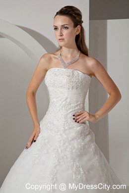 Lovely A-line Strapless Chapel Train Appliques Wedding Dress