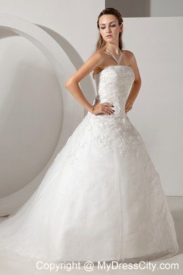 Lovely A-line Strapless Chapel Train Appliques Wedding Dress