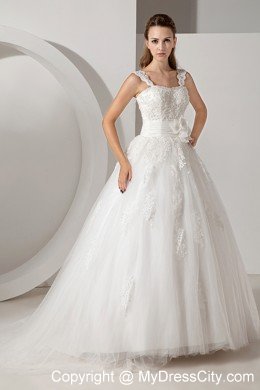 2013 Sweet Appliques A-line Straps Court Train Wedding Dress