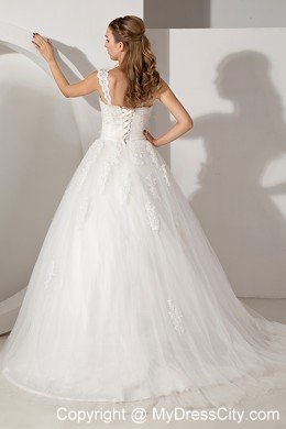 2013 Sweet Appliques A-line Straps Court Train Wedding Dress