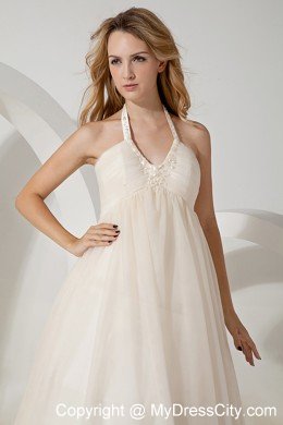 A-line Halter Brush Train Beaded Wedding Dress with Side Zipper