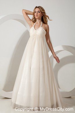 A-line Halter Brush Train Beaded Wedding Dress with Side Zipper