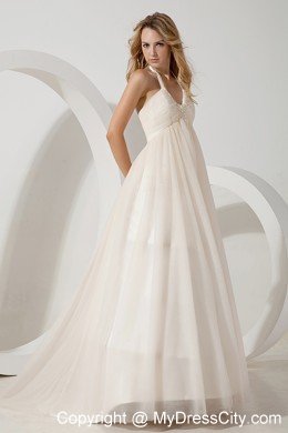 A-line Halter Brush Train Beaded Wedding Dress with Side Zipper