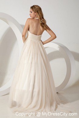 A-line Halter Brush Train Beaded Wedding Dress with Side Zipper